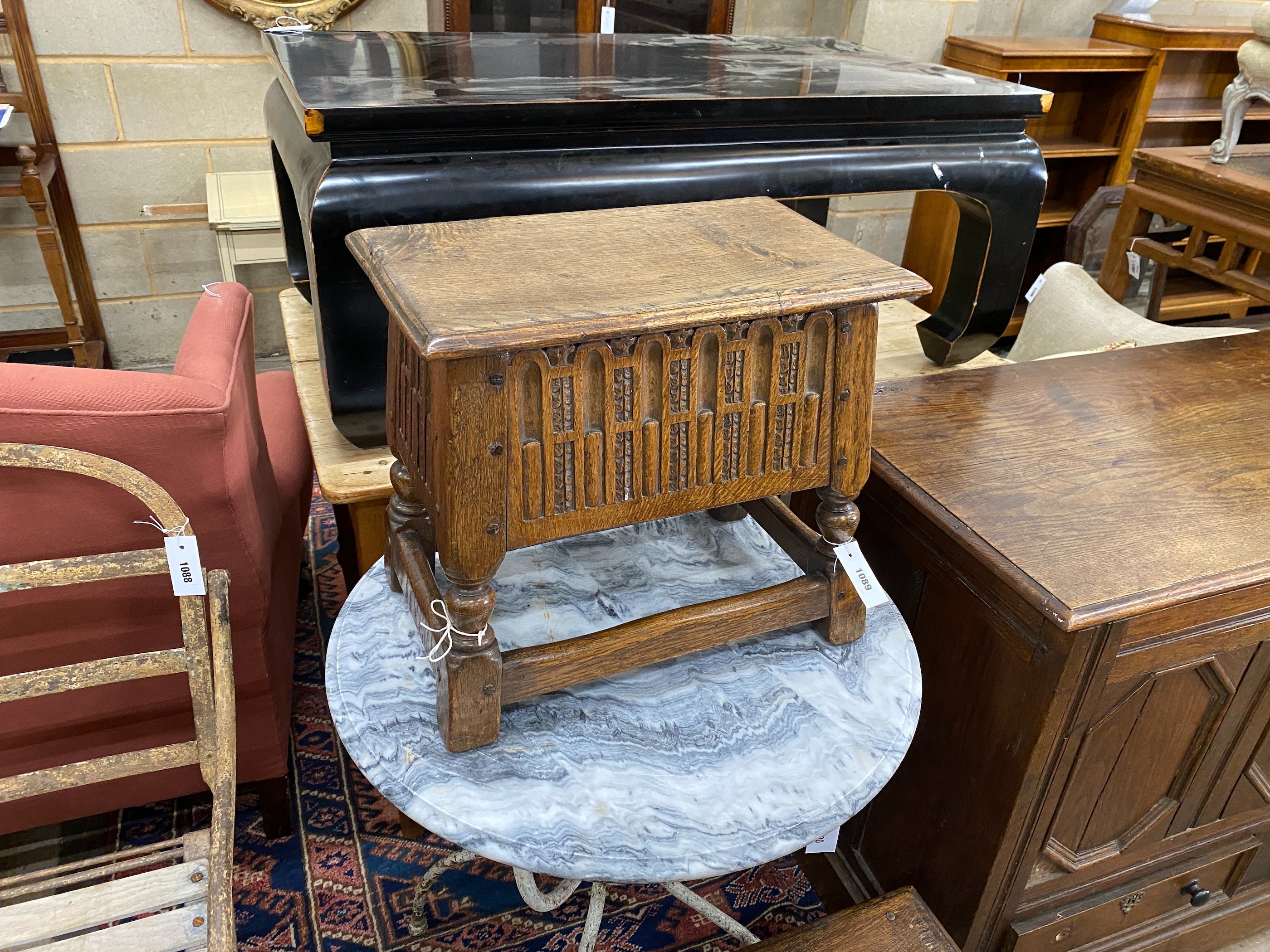 An 18th century style oak box seat stool, width 47cm, together with a smaller 18th century style oak joint stool